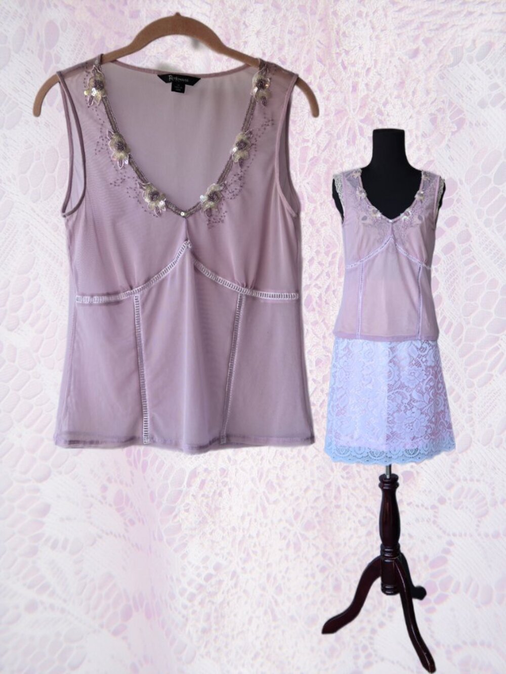 Lavender Y2k Sheer Mesh Sleeveless Blouse Sequin Flower Embroidery Fairycore